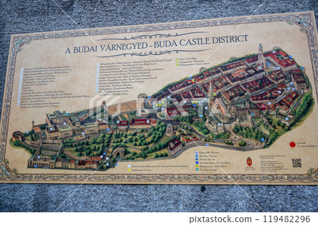 Budapest, Hungary. August 26, 2022. Tourist information board with a map of the historic center of Buda. The main tourist attractions are highlighted. 119482296
