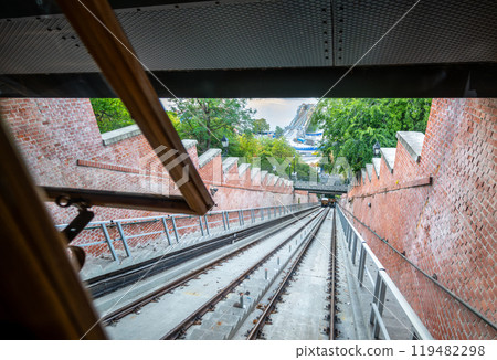 Budapest, Hungary. August 26, 2022. Fascinating POV shot as we ride up to the funicular station from Pest towards Buda. Budapest, Hungary. August 26, 2022. Fascinating POV shot as we ride up to the funicular station from Pest towards Buda. 119482298