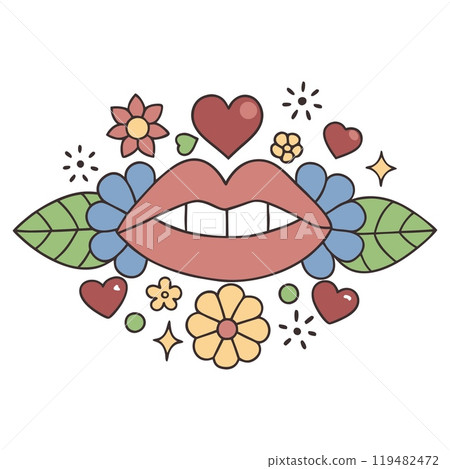 Colorful floral lips illustration with hearts and leaves in cartoon style, AI Generative 119482472