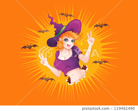 Vector illustration of a witch for Halloween in kawaii manga style. Vector illustration of a witch girl for Halloween party. Vector illustration of a witch for Halloween in kawaii manga style. Vector illustration of a witch girl for Halloween party. 119482490