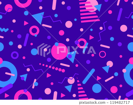 Geometric seamless pattern with memphis elements in 80s style. Colorful geometric pattern. Design of promotional products, wrapping paper and printing. Vector illustration 119482717