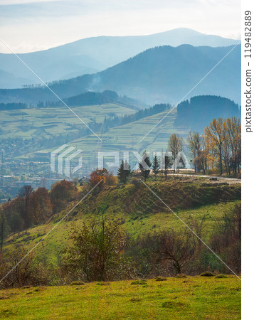 mountainous countryside landscape of ukraine in autumn. rolling outskirts on sunny day. rural fields on forested hills. nice scenery of carpathian mountains in fall season 119482889