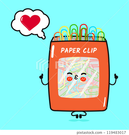 Paper clip doing yoga with speech bubble. Vector hand drawn cartoon kawaii character illustration icon. Isolated on blue background. Paper clip in love character concept 119483017