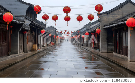 Chinese happy new year, hung red lanterns at street during festival 119483093