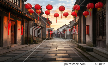 Chinese happy new year, hung red lanterns at street during festival 119483094