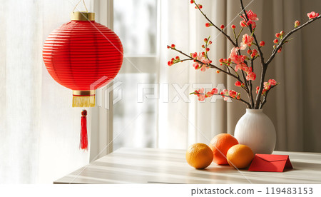 Chinese hung red lanterns in the night of Chinese Happy New Year festival 119483153