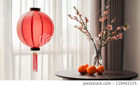 Chinese hung red lanterns in the night of Chinese Happy New Year festival 119483155