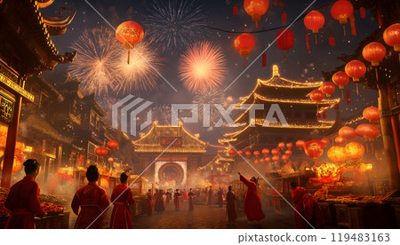 Chinese happy new year, hung red lanterns at street during festival with people 119483163