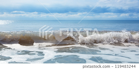 Beach coastal waves sunset photo Beach coastal waves sunset photo 119483244