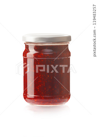 Glass jar with raspberry jam 119483257
