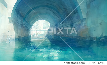 Watercolor illustration landscape of a waterway with a tunnel 119483296