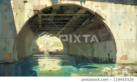 Watercolor illustration landscape of a waterway with a tunnel 119483526