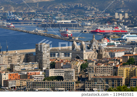MARSEILLE, FRANCE - June 8, 2024. Aerial view of Ferries ship in the port 119483581