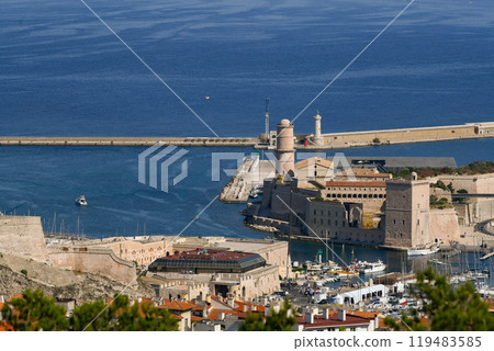 Marseille, France - June 7, 2024: Aerial View of Fortress Tower Historic Landmark Marina Port at Marseille, France - June 7, 2024: Aerial View of Fortress Tower Historic Landmark Marina Port at 119483585