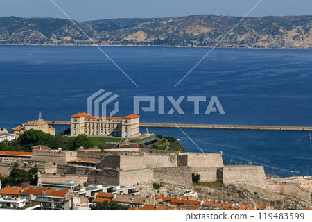 Marseille, France - June 7, 2024: Aerial View of Fortress Tower Historic Landmark Marina Port at Marseille, France - June 7, 2024: Aerial View of Fortress Tower Historic Landmark Marina Port at 119483599
