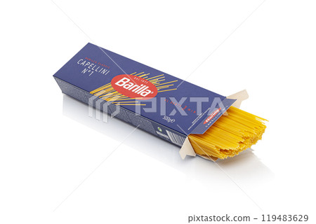 Barilla Capellini num 1 italian pasta on white background 119483629