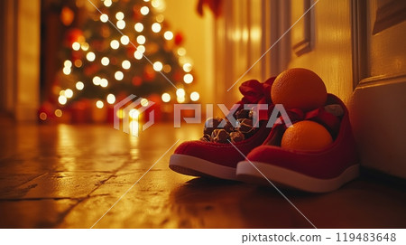 Red kids shoes by the door, filled with chocolates and oranges for St Nicholas Day. Christmas lights Red kids shoes by the door, filled with chocolates and oranges for St Nicholas Day. Christmas lights 119483648