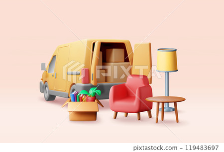 3D delivery van with open door and home stuff 3D delivery van with open door and home stuff 119483697