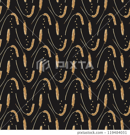 Watercolor seamless pattern with ears of wheat, cereal, corn and golden grains. Hand drawn repeat pattern for wrapping wallpaper fabric textile 119484031