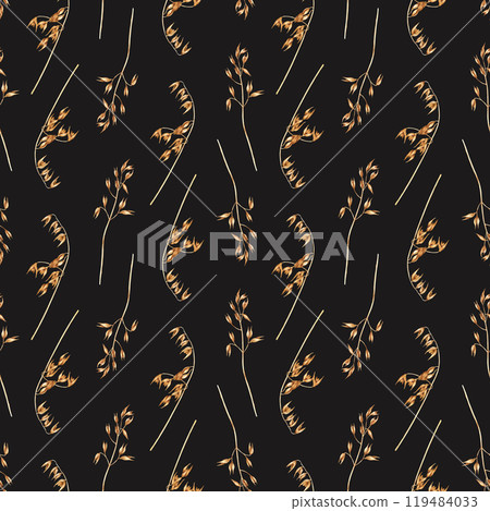 Watercolor dynamic seamless pattern with oat plants, edible starchy grains, domesticated cereal grass. Hand drawn repeat pattern for wrapping wallpaper fabric textile Watercolor dynamic seamless pattern with oat plants, edible starchy grains, domesticated cereal grass. Hand drawn repeat pattern for wrapping wallpaper fabric textile 119484033