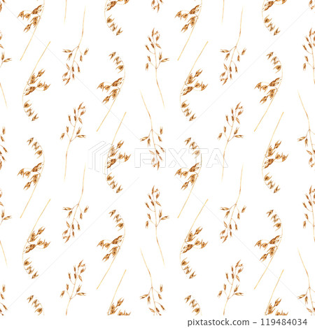 Watercolor dynamic seamless pattern with oat plants, edible starchy grains, domesticated cereal grass. Hand drawn repeat pattern isolated on white background for wrapping wallpaper fabric textile 119484034