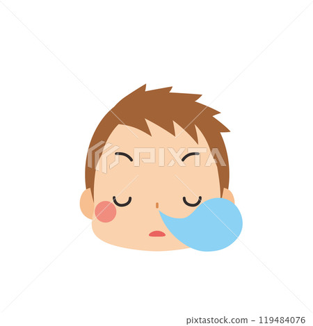 Emoji illustration of a cute little boy with a sleepy expression, icon, face, white background, vector 119484076