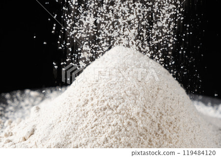 Texture of Natural Organic Whole Wheat Flour on Black Background. 119484120