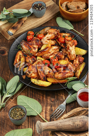 Fried chicken wings with potatoes. 119484305