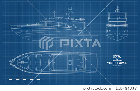 Outline yacht drawing. Side, front and top views of private ship. Modern boat contour blueprint. Cruise motorboat line art. Contour document 119484338