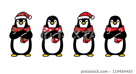 penguin vector christmas tree santa claus hat icon knitting scarf bird logo cartoon character doodle illustration symbol design isolated 119484485
