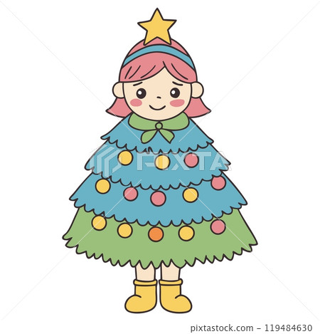 Cute cartoon Christmas tree girl with colorful ornaments and star, AI Generative 119484630