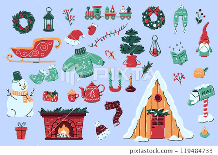 Winter set with cozy objects. Vector flat style with outline. House, tree, branches, clothes Winter set with cozy objects. Vector flat style with outline. House, tree, branches, clothes 119484733