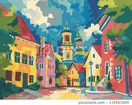 Cartoon old town street with colorful houses. Beautiful painting of small country town in Europe, illustration 119485004