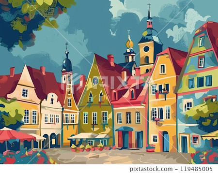 Beautiful old houses on the street in the city illustration. Cartoon painting of small country town in Europe. 119485005