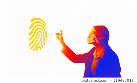 Businesswoman accessing digital identity. Security of data. Cybersecurity. Programming. Contemporary art collage. 119485011