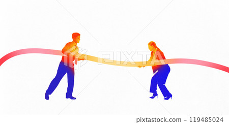 Man and woman pulling ribbon together. Business negotiation and partnership. Contemporary art collage. Man and woman pulling ribbon together. Business negotiation and partnership. Contemporary art collage. 119485024