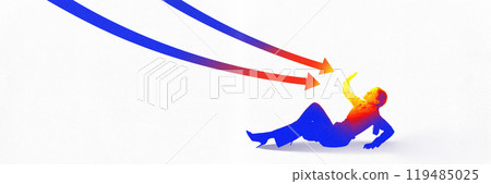 Facing business challenges. Two arrows pointing at female employee. Contemporary art collage. 119485025