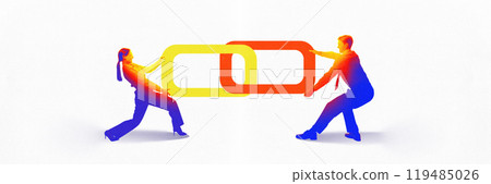 SEO, link building. Business professional connecting linked chains. Contemporary art collage. 119485026