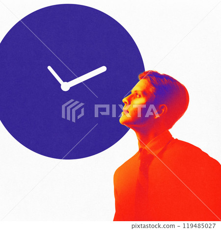Businessman looking at clock. Time management in business. Contemporary art collage. Businessman looking at clock. Time management in business. Contemporary art collage. 119485027