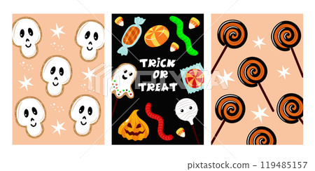 Halloween trendy cards set. Sweet treat for Halloween. Cute vector poster set for greeting card, flyer, banner. Halloween trendy cards set. Sweet treat for Halloween. Cute vector poster set for greeting card, flyer, banner. 119485157