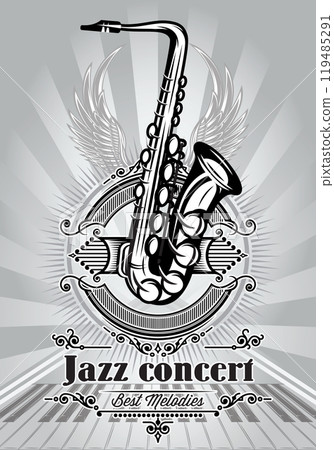 retro poster for jazz concert with saxophone and piano 119485291