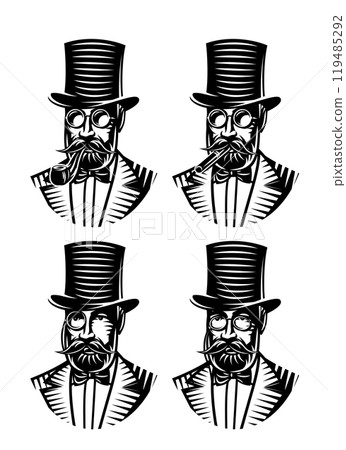 vector set monochromatic gentlemen with different accessories vector set monochromatic gentlemen with different accessories 119485292