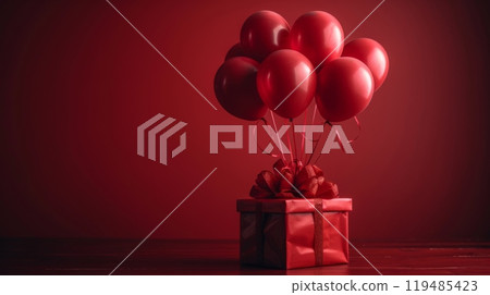 Happy birthday. gift box floating in air, holding red balloons on it, against solid color background. background is dark red with high contrast and minimalist style. 119485423