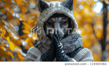 quadrobics . A girl wearing animal mask and gloves, posing with fists raised on green background outdoors at park. Wearing furry gray fox headpiece for kids playing outdoor 119485468