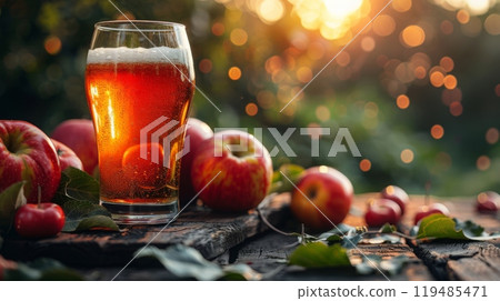 Cider . a glass of cider with fresh apples stands on an old wooden table, against the backdrop of a green morning summer forest, scattered magical light 119485471