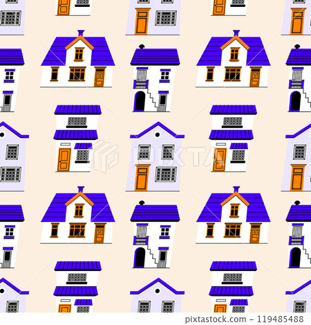Various European Vintage Cute Houses. Hand Drawn Seamless Pattern. Flat background design. Repeating print for fabric, wrapping paper, textile 119485488
