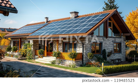 residential building on European street with solar panels installed on the roof. summer. Realistic photography. 119485525