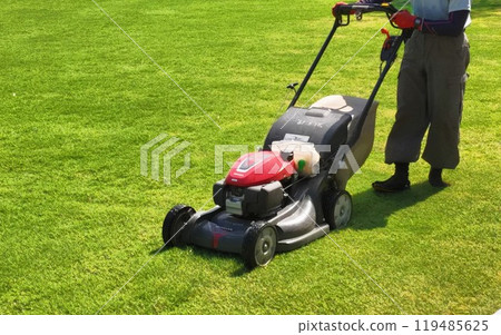 Clean the lawn at the park with a lawnmower Clean the lawn at the park with a lawnmower 119485625