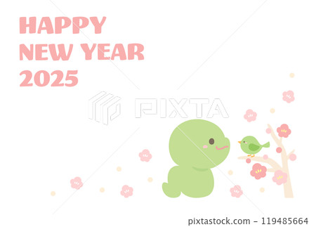 2025蛇年賀年卡素材可愛蛇、鶯、梅花01 119485664