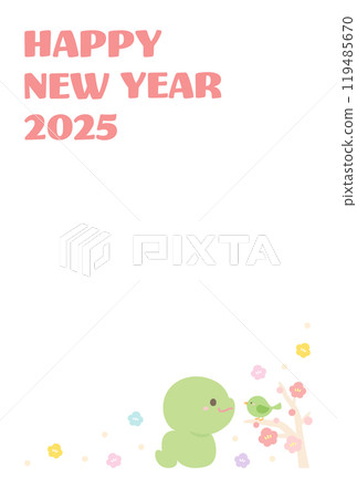 2025蛇年賀年片素材可愛蛇、鶯、梅花05 119485670